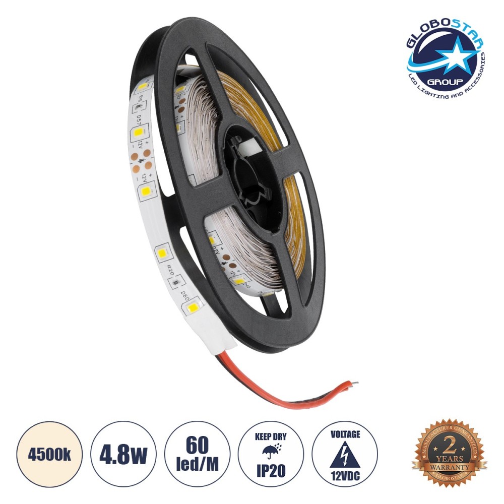 GLOBOSTAR® AVILA 90591 Ταινία LED 4.8W-m 280lm-m 120° DC 12V IP20 60 x SMD3528 Chip-m Φυσικό Λευκό 4500K Dimmable - Sanan SMD Chip - Μ500 x Π0.7 x Υ0.2cm - Ρολό 5 Μέτρων - 2 Χρόνια Εγγύηση
